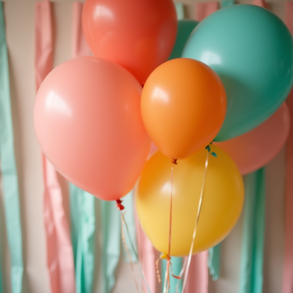 Colorful balloon and streamer party decoration setup on a table