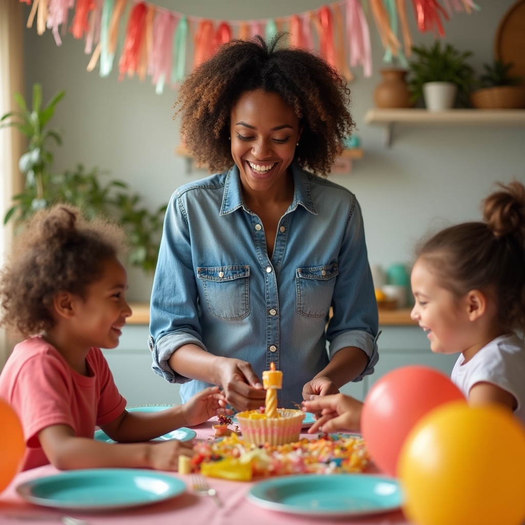 Parent and two children decorating a table for a birthday party with colorful plates and balloons