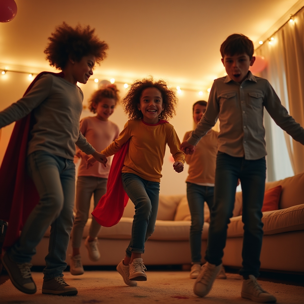 Older children in costumes playing a themed party game indoors