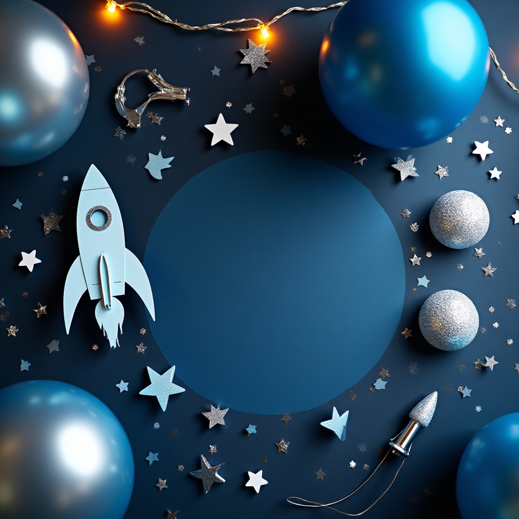 Flat lay of space themed party decorations including stars, planets, and rocket cutouts
